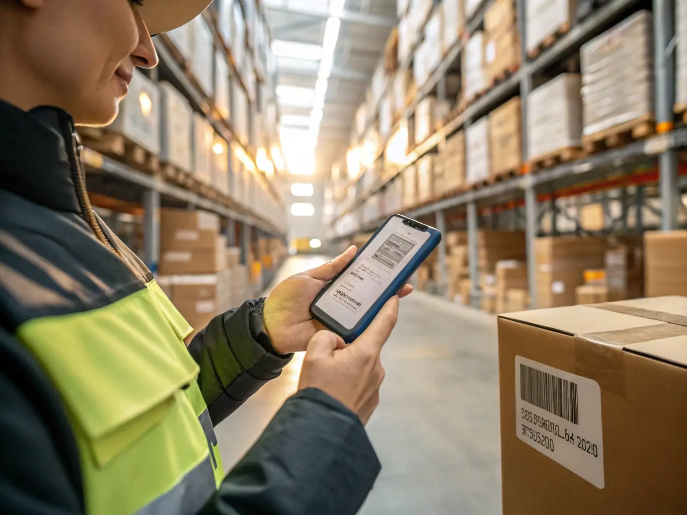 A Rush Delivery Lines employee using a digital tablet to manage inventory in a warehouse, highlighting the use of technology for efficient logistics management.
