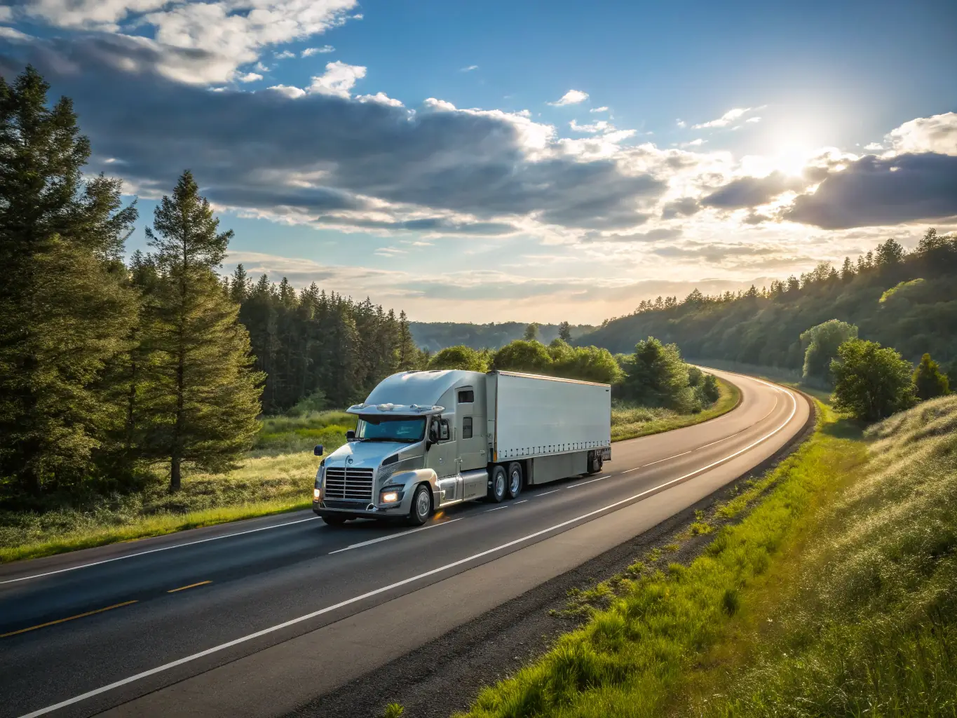 A modern semi-truck with the Rush Delivery Lines logo on the side, driving on a highway with various cargo trailers visible in the background, under a clear blue sky. The image should convey reliability and efficiency.